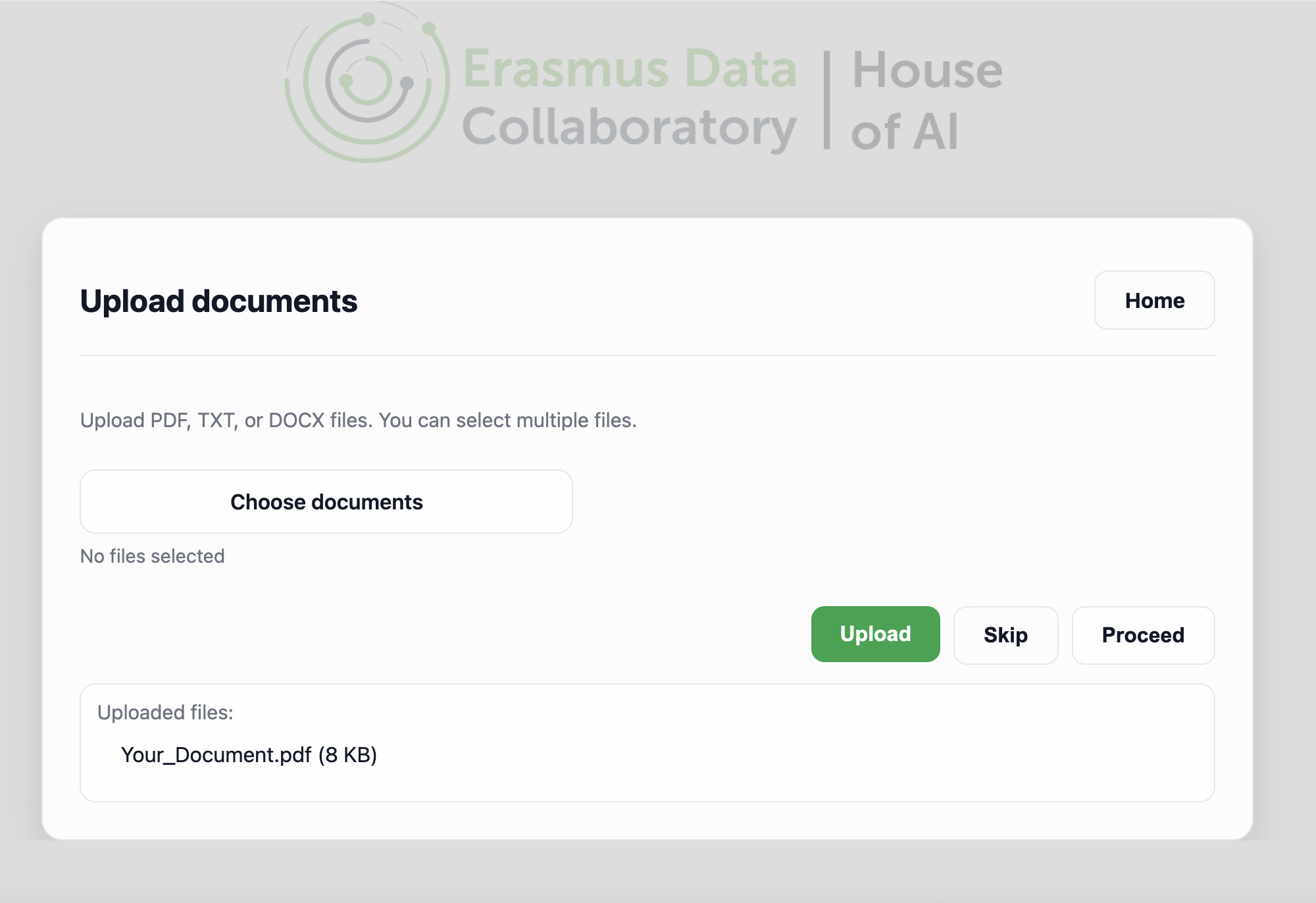 Screenshot of ECDA LLM chatbot interface showing file upload section