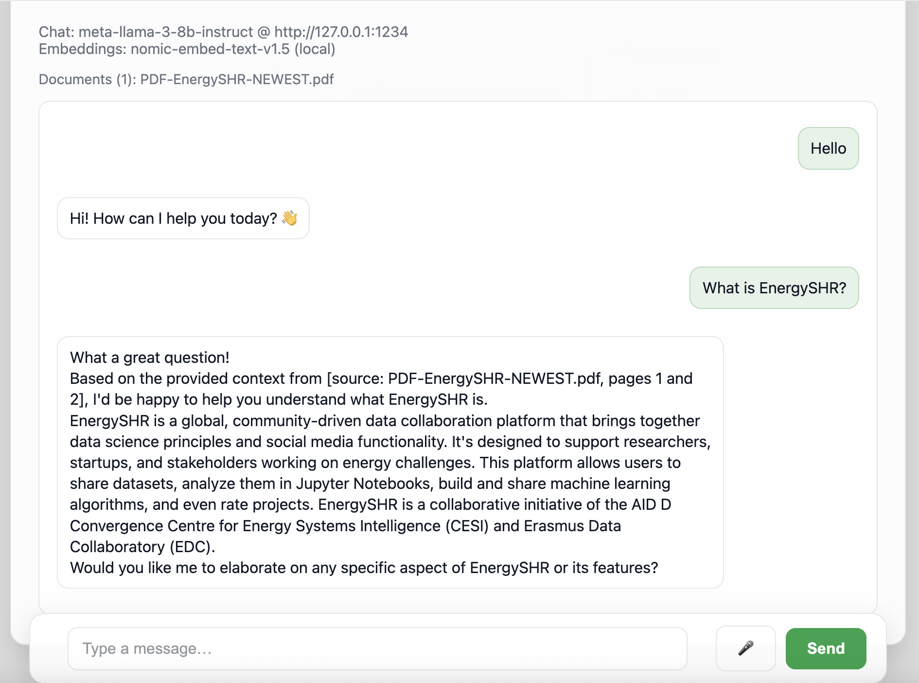 Screenshot of ECDA LLM chatbot interface showing example conversation