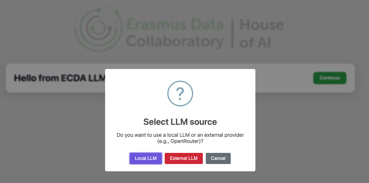 Screenshot of ECDA LLM chatbot interface showing API key input section